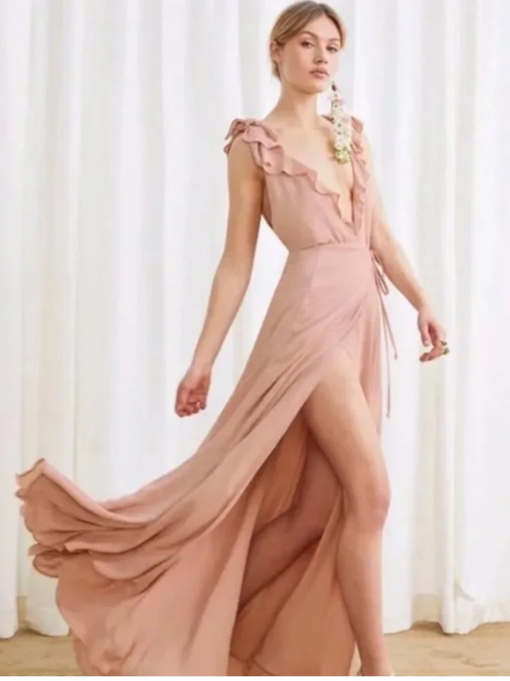 Reformation Farrow Blush Peppermint Champagne Ruffle Wrap Maxi Dress